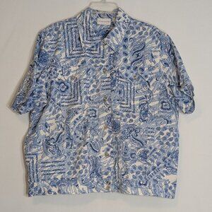 ALFRED DUNNER Blue/White Floral Short Sleeve Short Button Shirt Jacket; Size 14